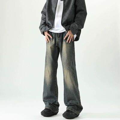 Tim Peake牛仔裤男渐变水洗微喇叭裤高级感宽松直筒休闲裤A006