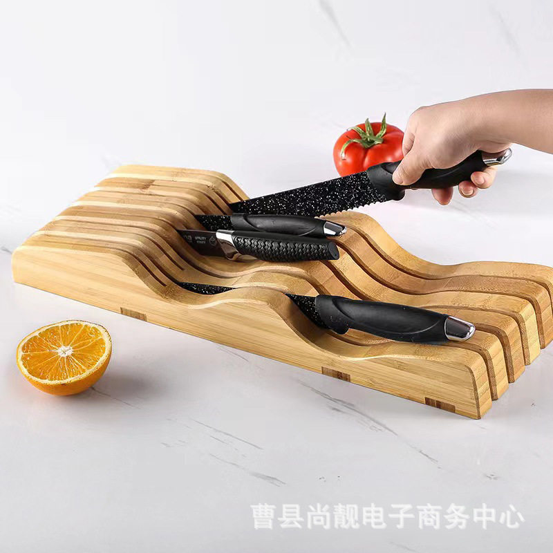 跨境简约木质刀架厨房桌面刀具收纳整理架抽屉式多功能弧形刀座