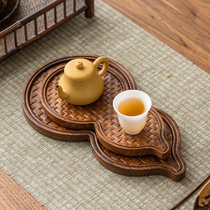 重竹制葫芦茶盘小干泡台竹雕壶承家用茶台功夫茶具竹席面托盘配件