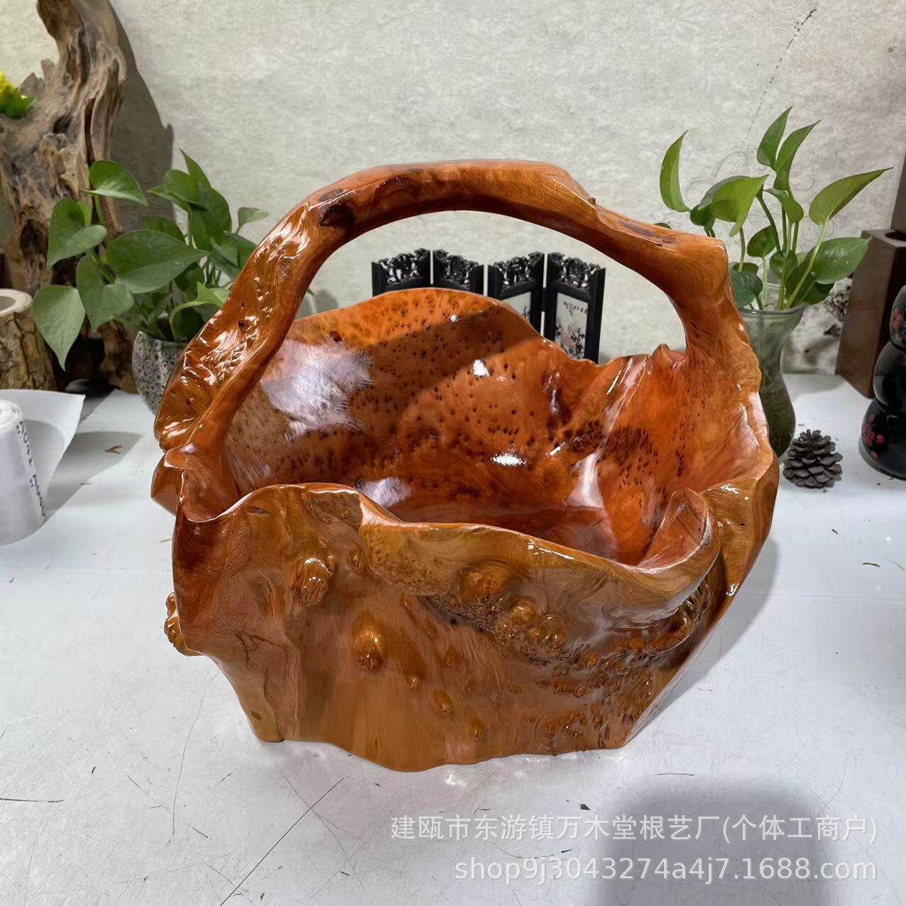 复古美观家用酒店商用手提水果篮不规则摆件工艺品榴花根雕国潮风