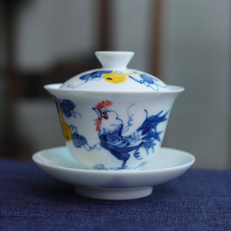 功夫茶具三才杯盖碗手绘青花瓷釉下五彩福禄公鸡茶碗陶瓷仿古茶器