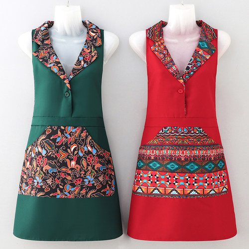 盘扣围裙女中式复古家用厨房做饭防污耐磨围腰餐厅酒店专用工作服