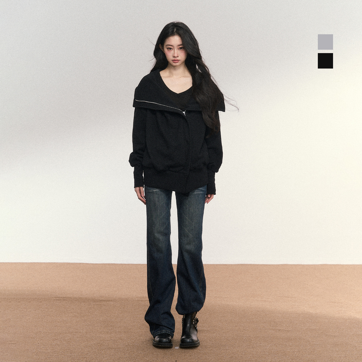 punch袖口卫衣拉链帽衫2024秋