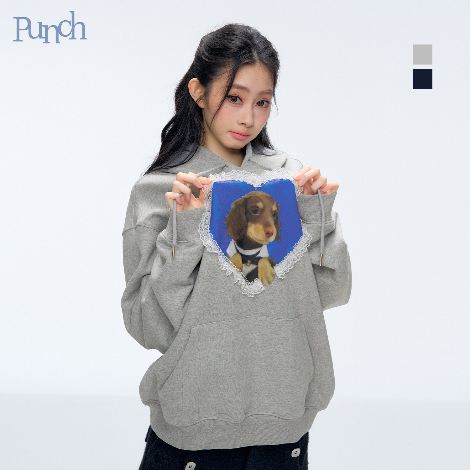 PUNCH 25AW 秋冬新款蕾丝花边爱心腊肠狗卫衣帽衫套头连帽卫衣