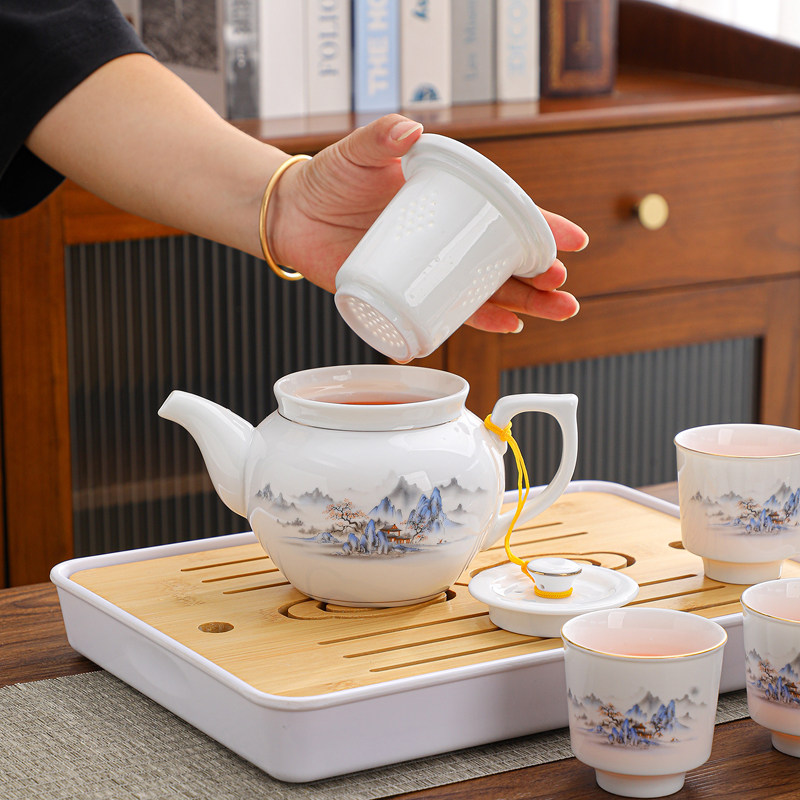 德化陶瓷过滤茶壶茶杯套装山水画大号茶具泡茶壶家用办公室冲茶器