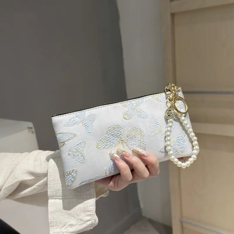 2025新款国风刺绣中国风珍珠手提拉链长款钱包女卡包手拿包手机包