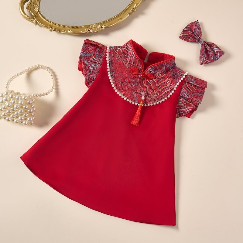 婴幼儿小公主礼服宝宝周岁礼服中式抓周旗袍儿童红色复古唐装公主