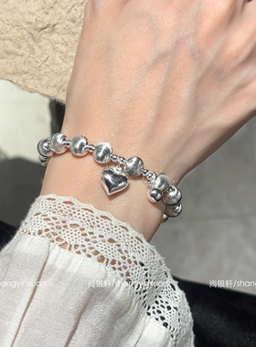 尚银轩shangyinxuan纯银拉丝猫眼珠爱心手链简约小众百搭手串送礼