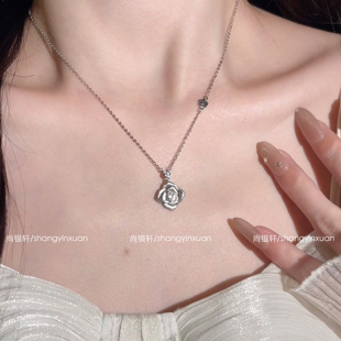 尚银轩纯银S925银项链女布契风玫瑰手工拉丝银项链轻奢气质锁骨链