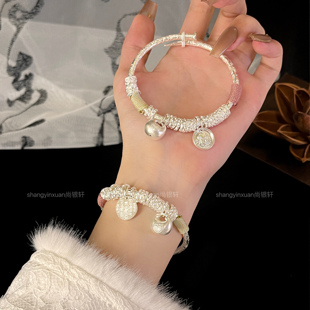 9999纯银手镯盘缠黄财神胖福国风推拉可调节百搭银镯子节日送礼