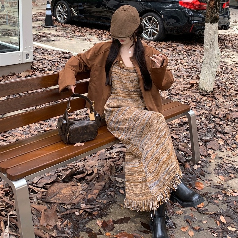 条纹流苏针织吊带连衣裙女春装皮衣内搭打底美拉德穿搭毛衣长裙子