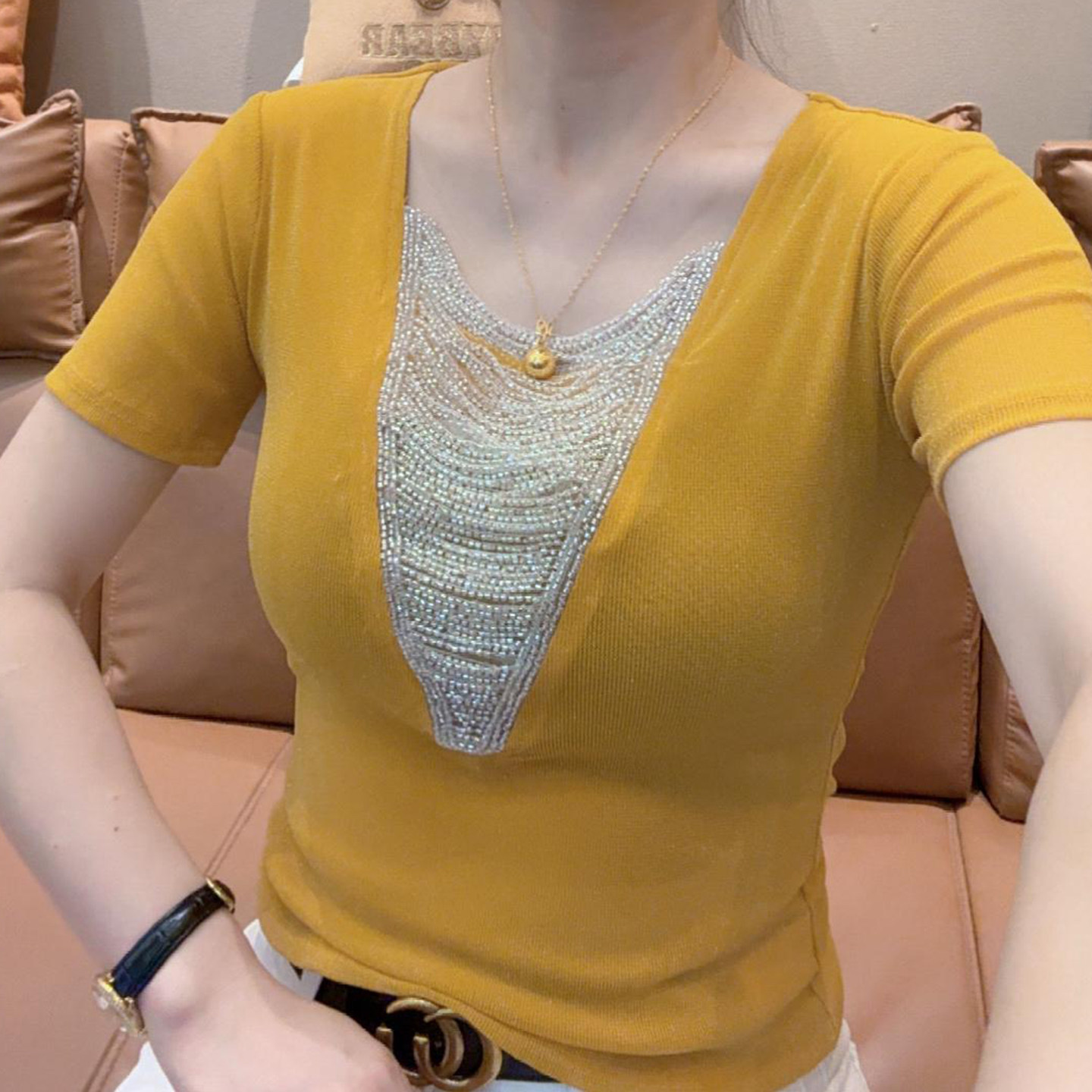 设计感链条圆领百搭短袖t恤女