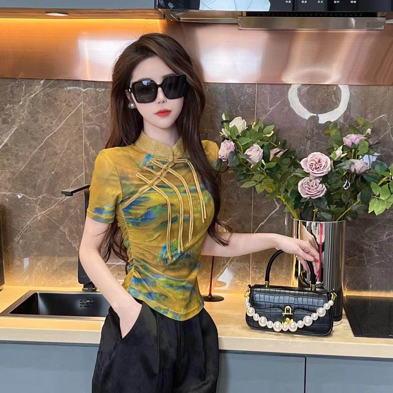复古印花短袖t恤女2025夏装新款立领百搭体恤女半袖修身网纱上衣