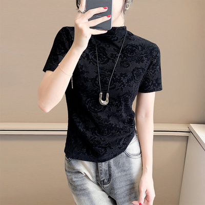 半高领打底衫女春秋装时尚减龄植绒印花短袖t恤欧货紧身显瘦上衣
