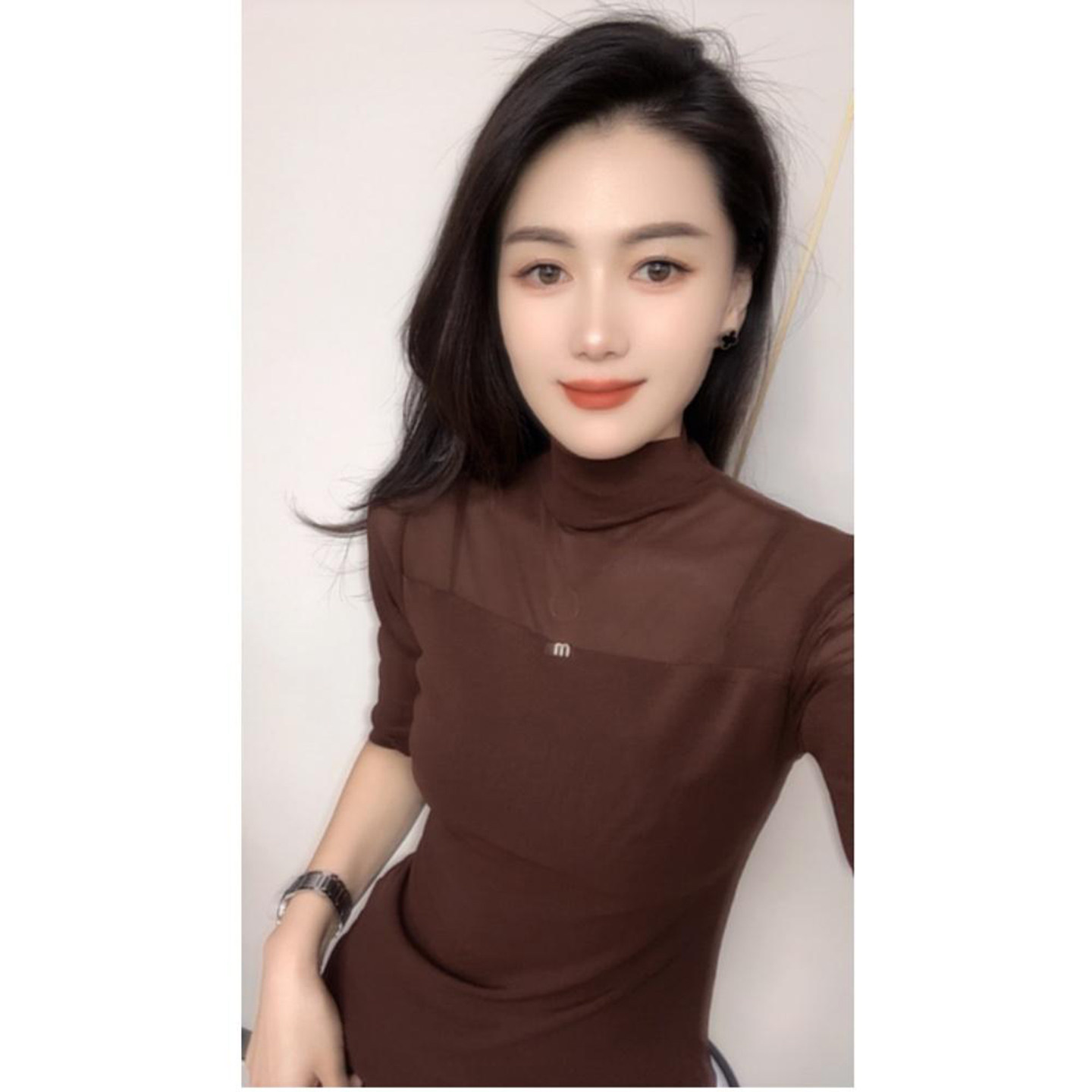 性感透视网纱半高领中袖t恤女