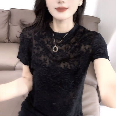 夏季性感透视网纱提花短袖t恤女
