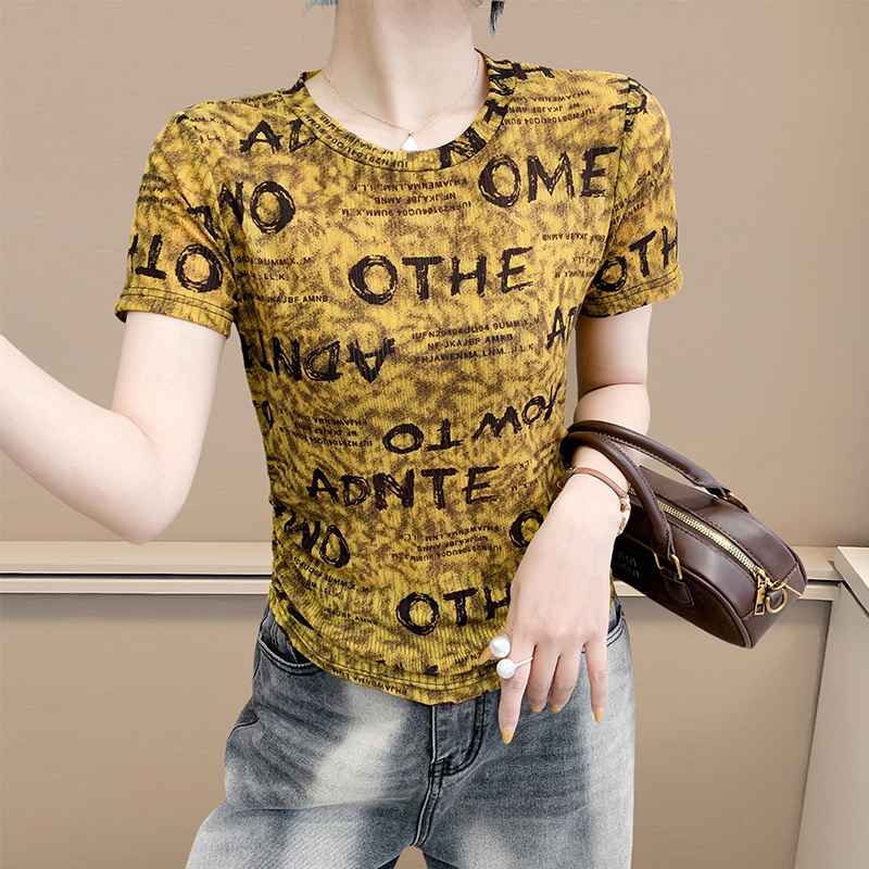 时尚减龄涂鸦印花上衣女夏季洋气圆领网纱短袖T恤褶皱收腰小衫潮
