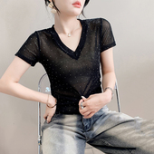 新款 半袖 洋气钉钻短袖 性感V领透视上衣女夏装 T恤修身 短款 体恤衫 潮