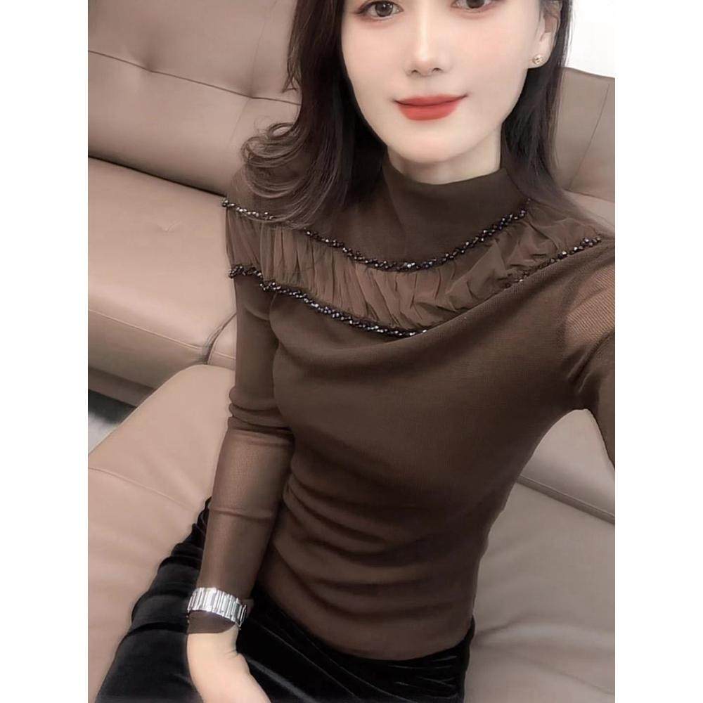 欧货钉珠网纱拼接半高领打底衫女秋季新款气质修身长袖t恤上衣潮