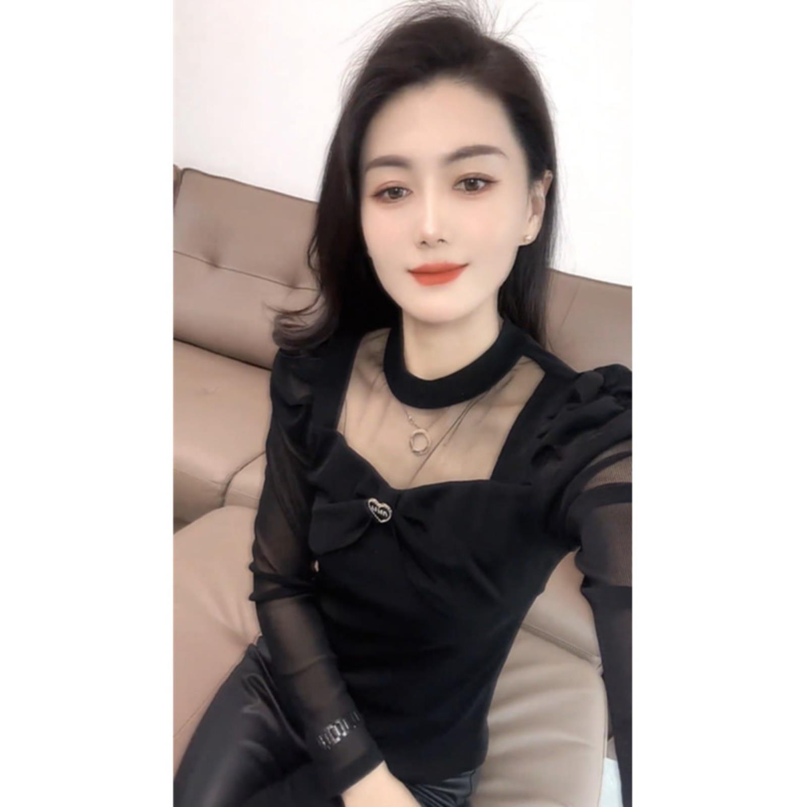 性感透视网纱拼接上衣女秋冬设计感泡泡袖长袖T恤修身内搭打底衫
