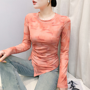 设计感下摆侧开叉T恤女长袖春季洋气晕染印花上衣气质网纱打底衫