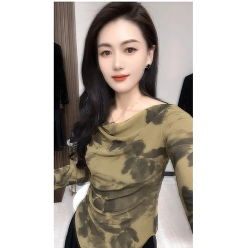 气质水墨画印花上衣女春装性感荡领不对称长袖t恤修身网纱打底衫