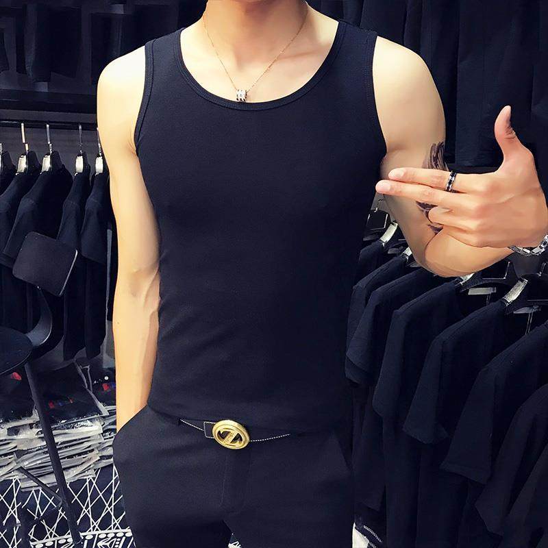 黑白色夏季男士背心运动健身修身纯棉无袖坎肩薄款弹力打底汗衫潮