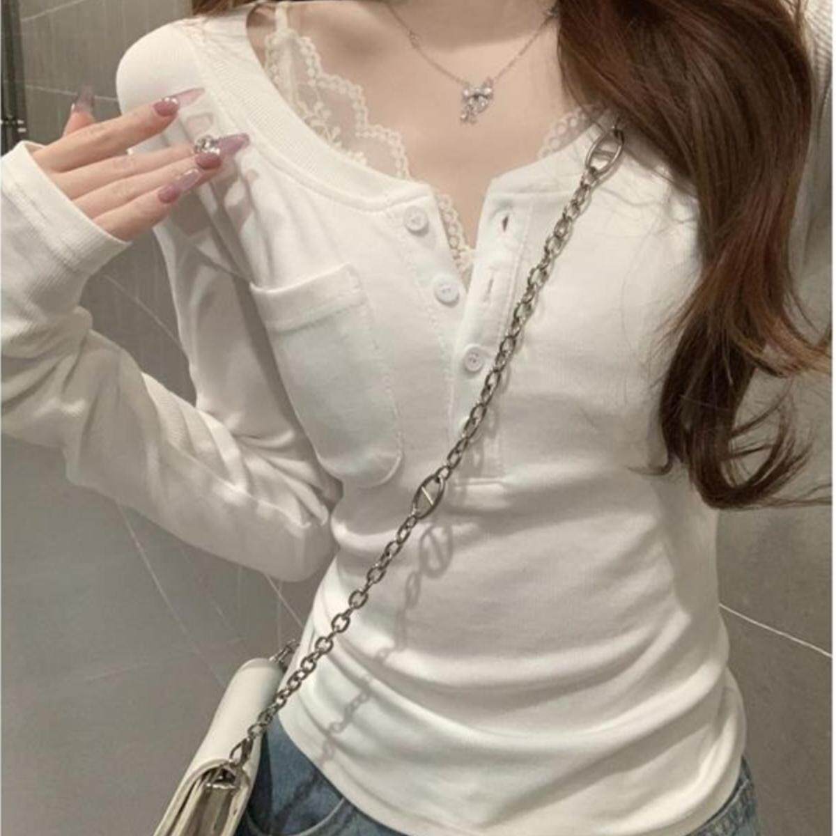 韩系chic纽扣半开领口袋长袖T恤女春夏修身内搭小个子打底衫上衣