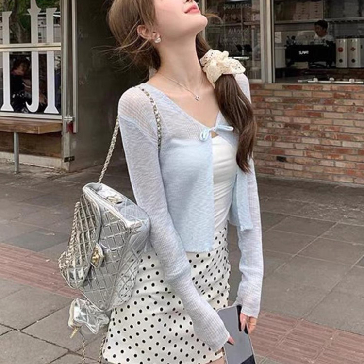 夏季薄款盐系甜妹冰丝系带防晒罩衫女多巴胺减龄清纯凉意微透上衣
