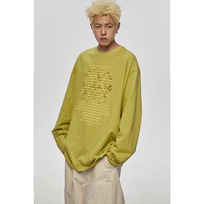 FROM WRTING字由韩系慵懒风竹节棉发泡印花长袖T恤男打底衫上衣男