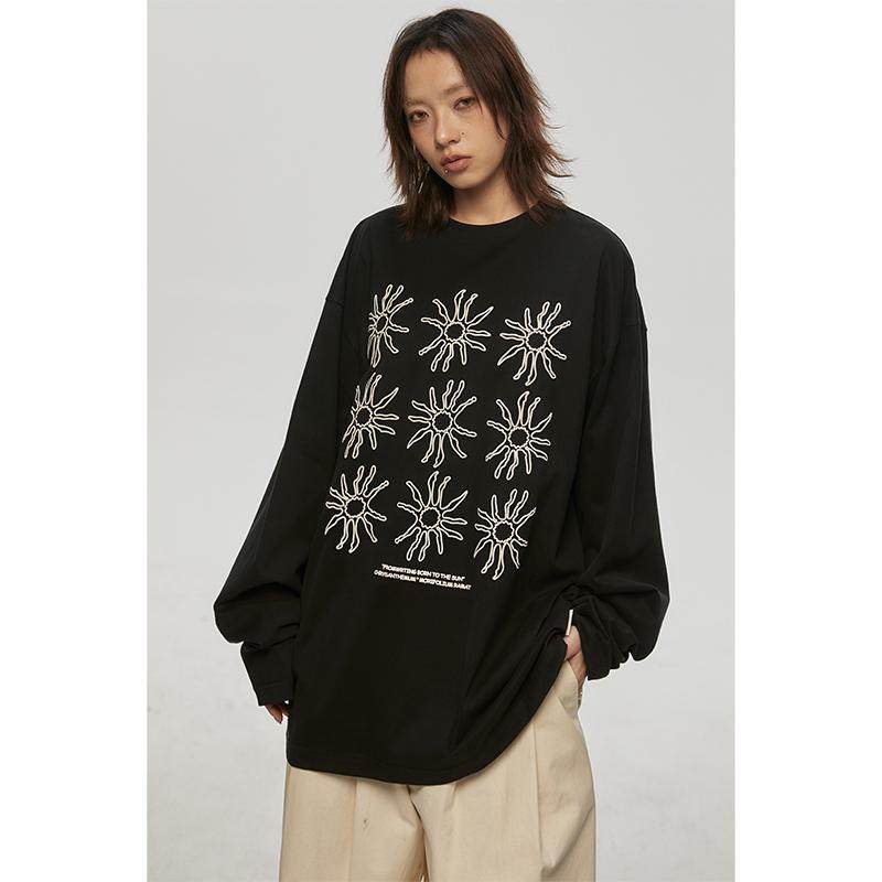 FROM WRTING字由韩系太阳花印花慵懒感长袖t恤女春秋打底上衣穿搭