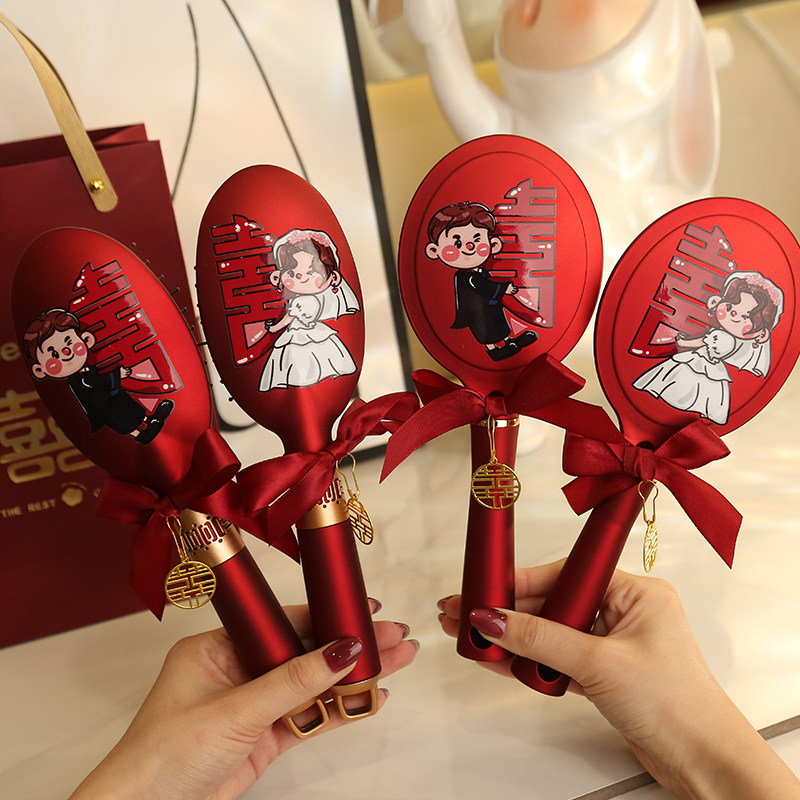 结婚化妆镜子一对梳子套装手持女方陪嫁用品红色喜庆嫁妆气囊喜梳