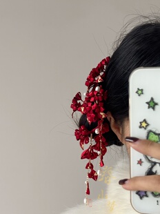 缠花红色发梳新娘头饰新中式红色发簪送闺蜜朋友