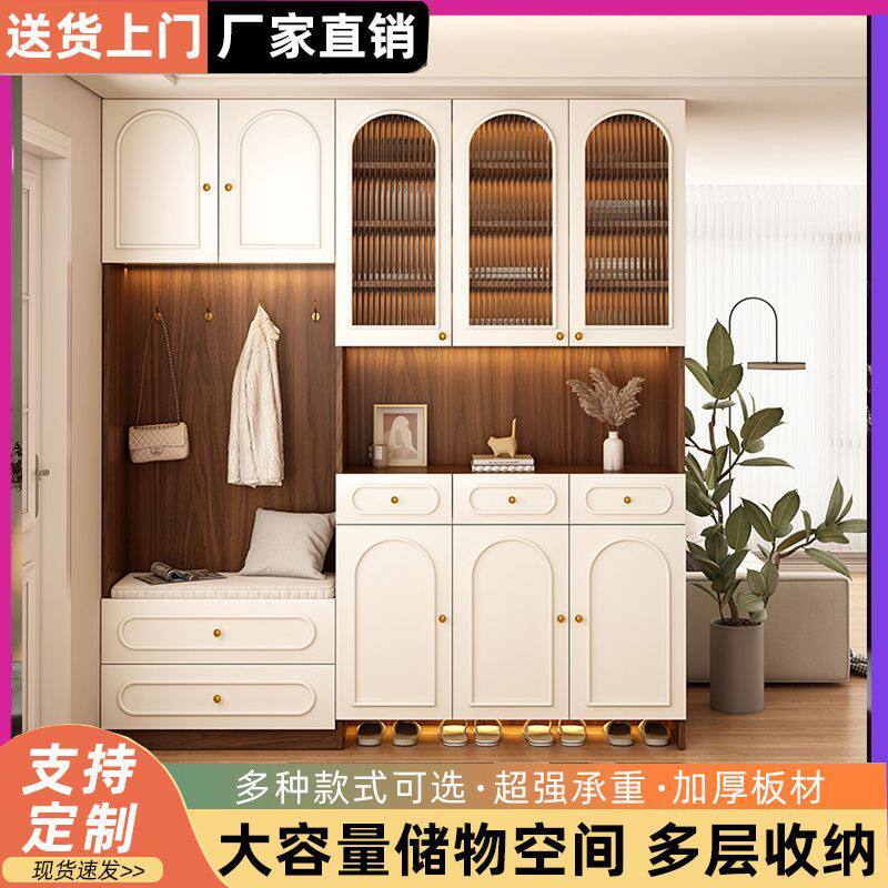 实木中古风鞋柜带换鞋凳入户玄关柜门厅隔断柜家用门口鞋子收纳柜