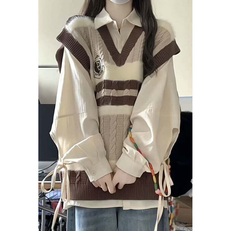 两件套装/春秋季新款日系甜美学院风撞色领针织马甲背心女长衬衫