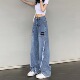 港味阔腿牛仔裤 子 拖地长裤 女高腰设计感贴标直筒裤 子高街宽松大码