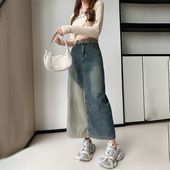 设计感小众拼接撞色牛仔半身裙女梨形身材大码 高腰显瘦包臀中长裙