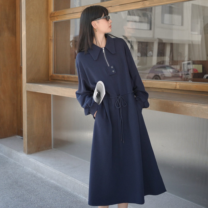 实拍polo领卫衣裙连衣裙女秋2025新款休闲法式气质简约复古长裙