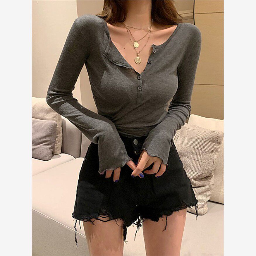 2025秋冬新款高底右肩长袖v领t恤真菌女性性感上衣