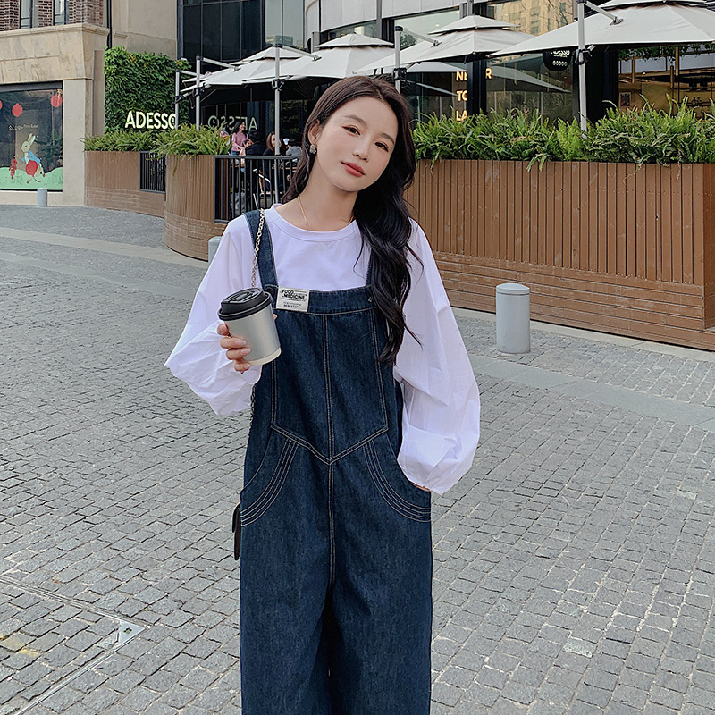 实拍牛仔背带裤两件套女