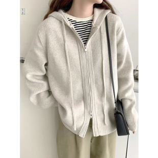 2025秋冬连帽双拉链毛衣外套女宽松外穿慵懒风加厚卫衣开衫ins