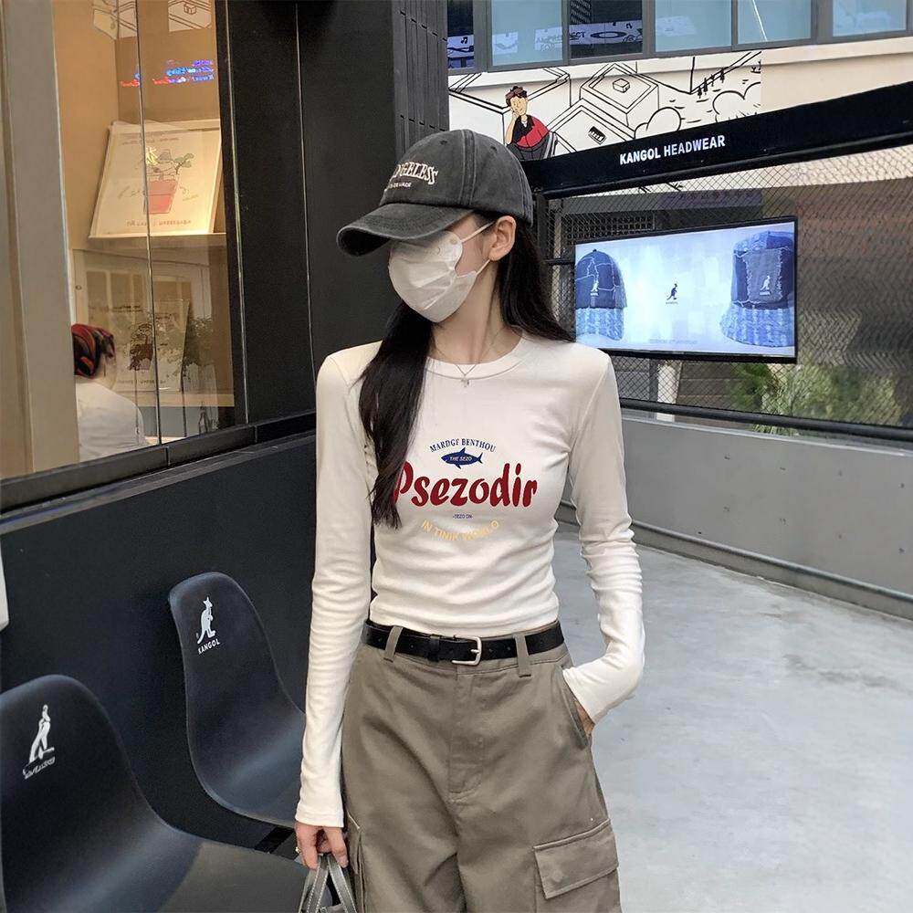 美式长袖T恤女2025新款修身内搭打底衫纯棉短款正肩秋冬chic上衣