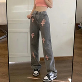 复古重工十字架牛仔裤 女夏季 新款 美式 高腰直筒拖地长裤 子vibe高街