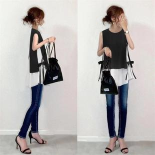 two 衬衣Fake pieces 无袖 亚马逊侧边开叉绑带拼接撞色假两件衬衫