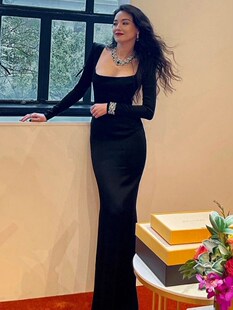 instunning明星同款 气质方领连衣裙女秋冬高个子黑色晚会礼服长裙