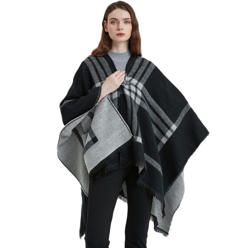 shawl black and white plaid leather buckle split shawl