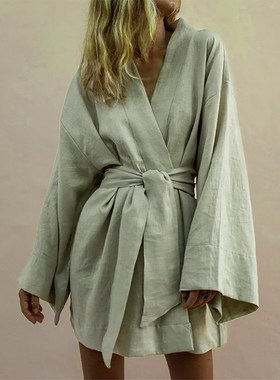 Long Sleeve Sashes Lace Up Dresses Women 2022 Spring Loose