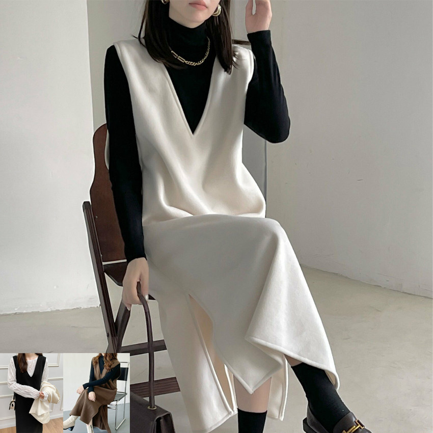 日韩系ins秋冬百搭叠穿毛呢加厚深V背心连衣裙 呢子背心马甲裙女