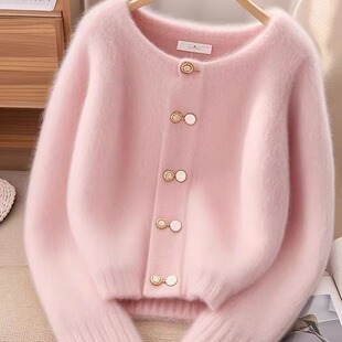 粉色长袖针织开衫秋季穿搭高级感奶fufu慵懒独特漂亮短款毛衣上衣