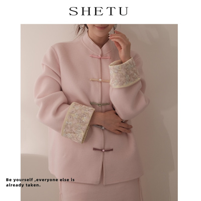 早春新款双面尼羊毛盘扣国风套装